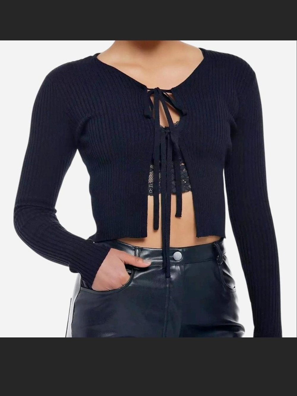 Blue Tie-Front Ribbed Crop Top Cardigan Sweater- Women